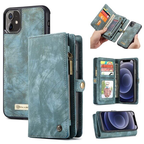 CaseMe For Apple iPhone 12 /12Mini /12 Pro /12 Pro Max Zipper & Detachable Retro Leather Pouch With Chain Wallet Flip Purse Bag Detachable Phone Case Cover