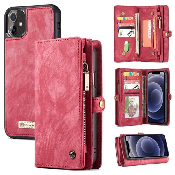 CaseMe For Apple iPhone 12 /12Mini /12 Pro /12 Pro Max Zipper & Detachable Retro Leather Pouch With Chain Wallet Flip Purse Bag Detachable Phone Case Cover