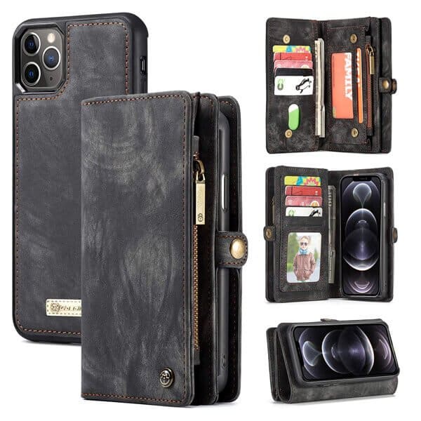 CaseMe For Apple iPhone 12 Pro Max Zipper & Detachable Retro Leather Pouch Wallet Flip Purse Bag Detachable Phone Case Cover (Black)