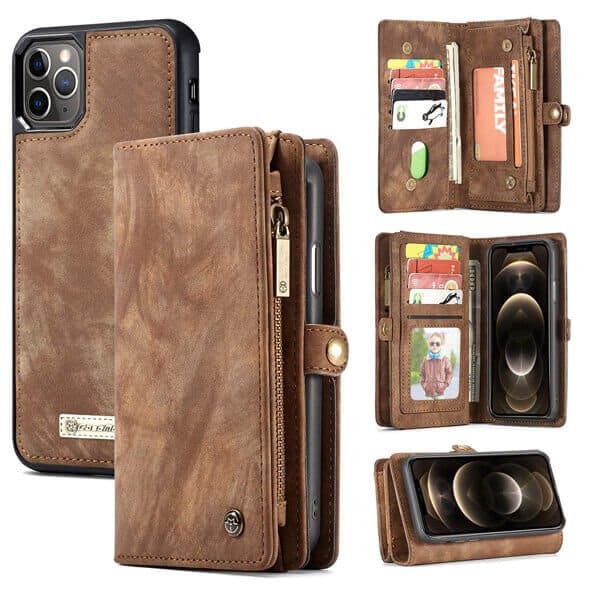 CaseMe For Apple iPhone 12 Pro Max Zipper & Detachable Retro Leather Pouch Wallet Flip Purse Bag Detachable Phone Case Cover (Brown)