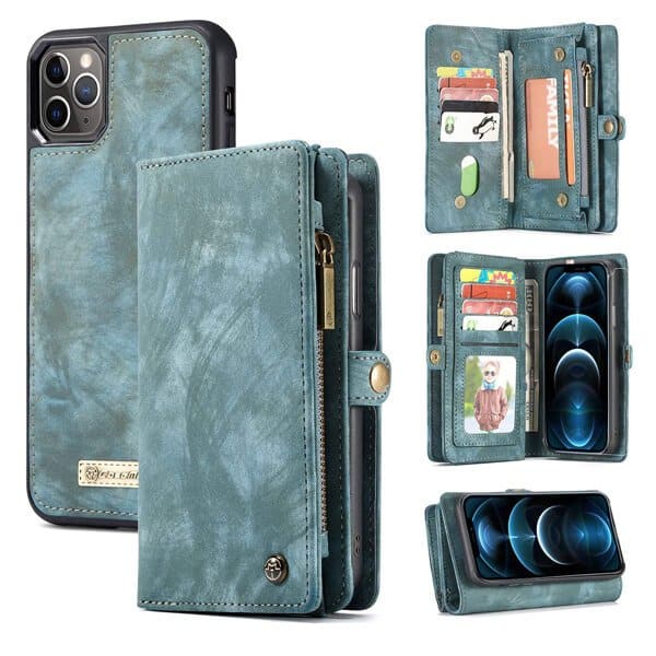 CaseMe For Apple iPhone 12 Pro Max Zipper & Detachable Retro Leather Pouch Wallet Flip Purse Bag Detachable Phone Case Cover (Sky Blue)