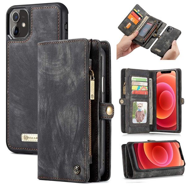 CaseMe For Apple iPhone 12 /12Mini /12 Pro /12 Pro Max Zipper & Detachable Retro Leather Pouch With Chain Wallet Flip Purse Bag Detachable Phone Case Cover
