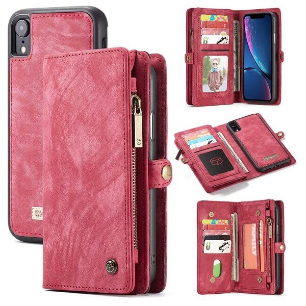 Red Zipper & Detachable Pouch Wallet Flip Wallet Case