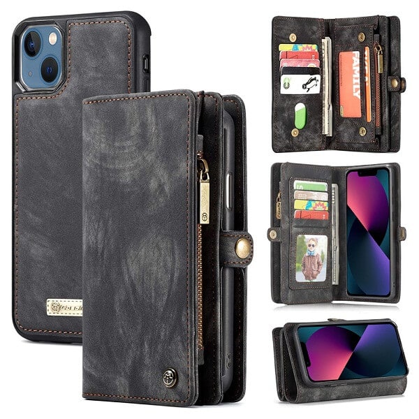 CaseMe For Apple iPhone 15/14/13 /13 Pro / 13 Pro Max / 13 Mini Zipper & Detachable Retro Leather Pouch With Chain Wallet Flip Purse Bag Detachable Phone Case Cover