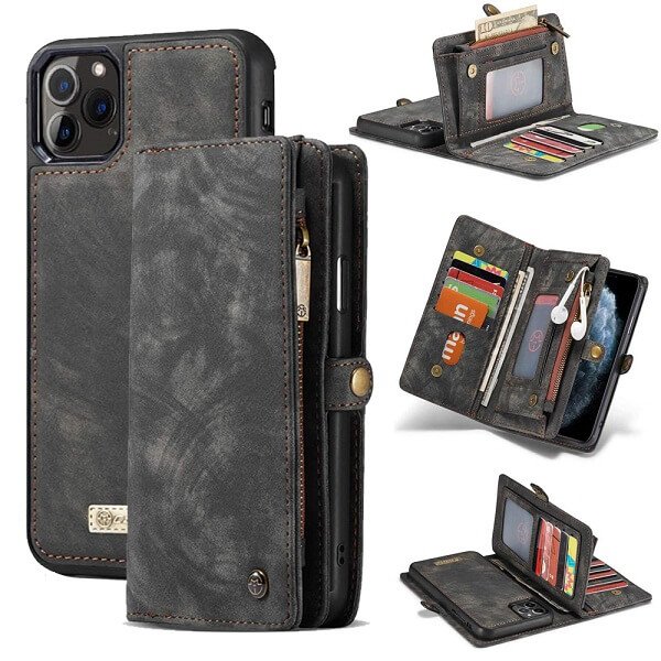CaseMe For Apple iPhone 11 /11 Pro / 11 Pro Max Zipper & Detachable Retro Leather Pouch With Chain Wallet Flip Purse Bag Detachable Phone Case Cover