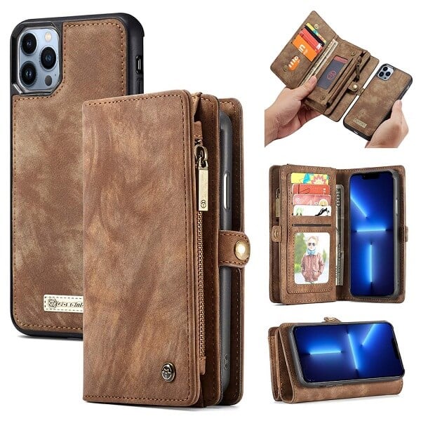 CaseMe For Apple iPhone 15/14/13 /13 Pro / 13 Pro Max / 13 Mini Zipper & Detachable Retro Leather Pouch With Chain Wallet Flip Purse Bag Detachable Phone Case Cover