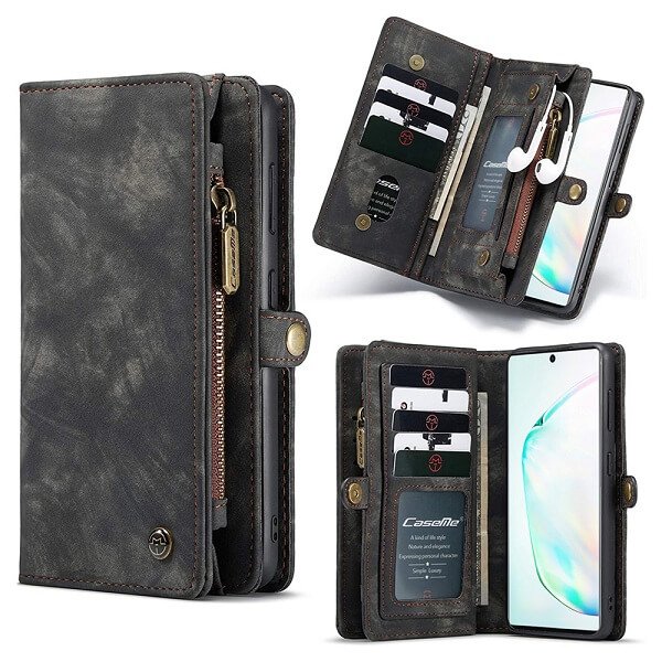 Black Zipper & Detachable Pouch Wallet Flip Wallet Case