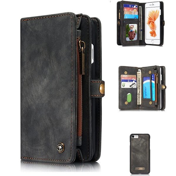 Black Zipper & Detachable Pouch Wallet Flip Wallet Case
