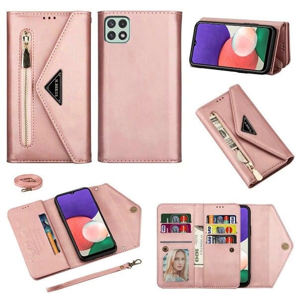 For Samsung Galaxy A22 5G | A22 4G Phone Case Wallet N.Bekus Leather Flip Zipper Pocket Magnetic Purse With Strap & Card Holder for Girls Women