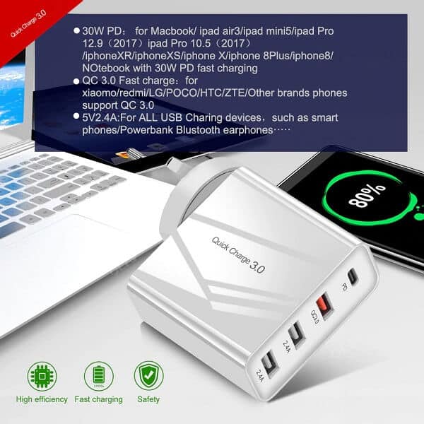 Qualcomm QC3.0 4 Ports 48W PD Fast Charging Charger Multi PD30W +QC18W Wall Plug Adapter (White)