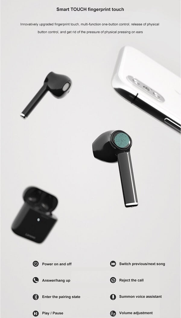 Lenovo QT83 TWS Wireless Earphones Bluetooth 5.0 Headset Touch Control Dual Stereo Bass Earbuds Sports Headphones (Black)