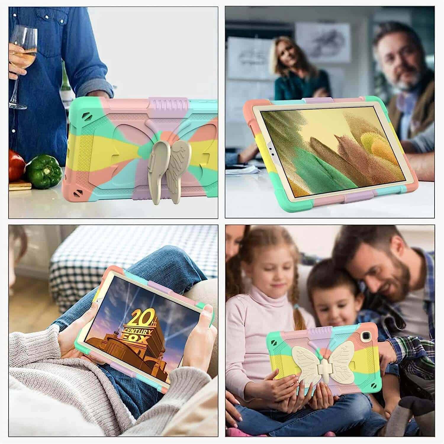 For Samsung Galaxy Tab A7 Lite 2021 8.7 Inch Tablet SM-T225 / T220 Butterfly Fancy Shockproof Heavy Duty Kickstand Case Cover  (Rainbow)