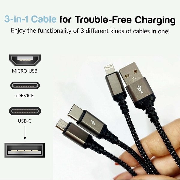 TRANYOO (T-XS6) 1.2M 3 in 1 Fast Charging Braided Multi Charger Cable