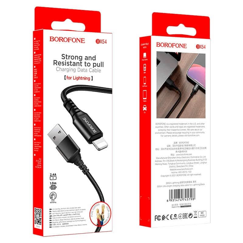 BOROFONE (BX54) 1M Braided USB Lightning Nylon Cable Cord Charger for Apple iPhone 14 13 12 11 Pro XS Max X XS XR 7 8 6 6S Plus iPad iPod