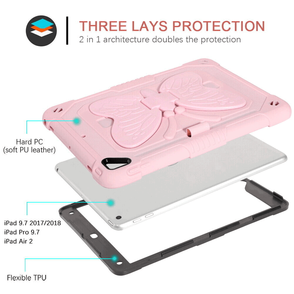 For Apple iPad 5th / 6th Gen / 9.7 2017 /2018 / Pro 9.7 / Air 1 / Air 2 Butterfly Fancy Shockproof Heavy Duty Kickstand Case Cover With Pencil Holder (Pink)