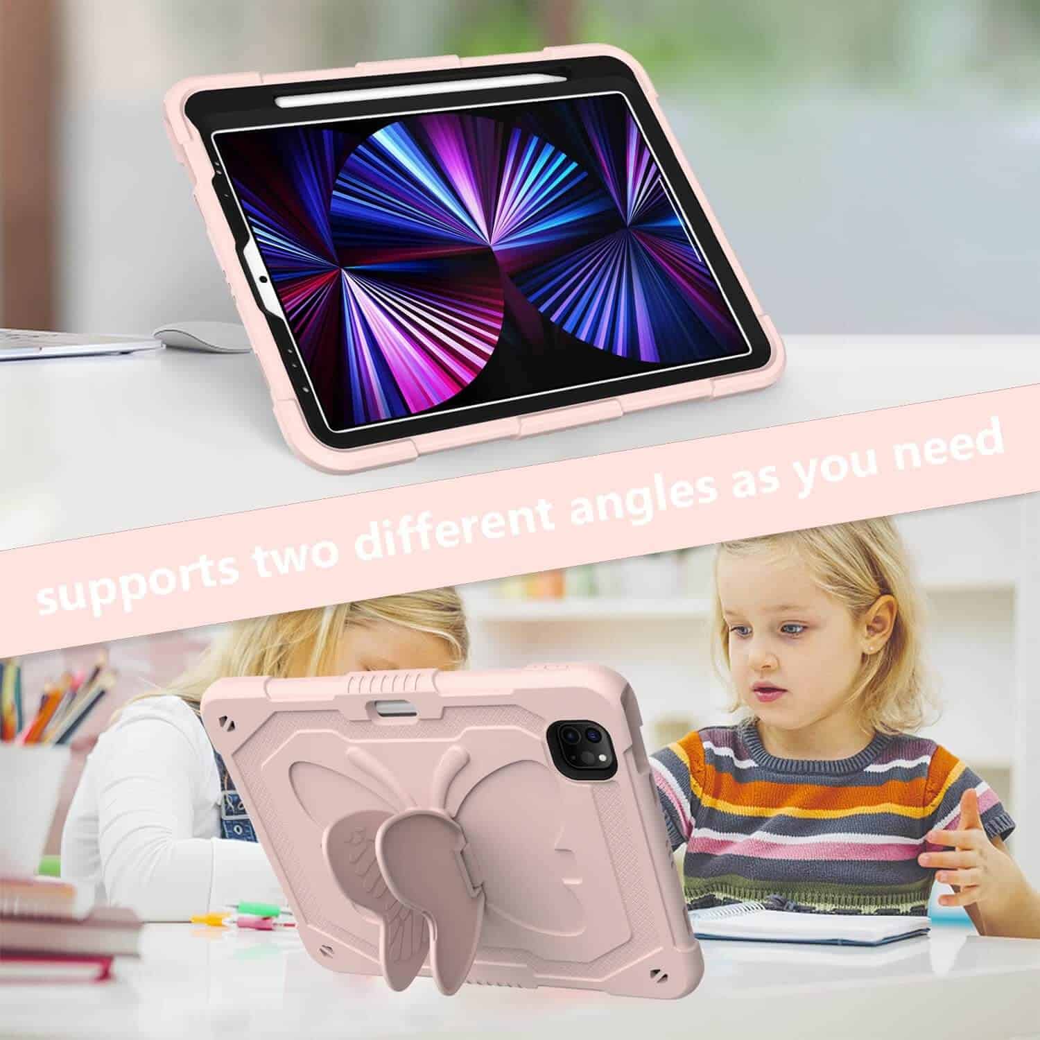 Apple iPad Air 10.9 Inch 5th/4th Gen 2022/2020 /Pro 11 inch 2022/2021/2020/2018 Kids Butterfly Shockproof Heavy Duty Kickstand Case Cover (Pink)