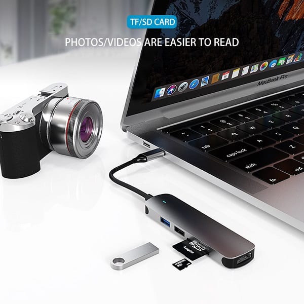 6in1, 6W USB Type C Hub With 4K HDMI, 2 USB Ports, SD/TF Card Reader USB C Adapter Dock for MacBook Air/Pro/Chromebook/Type C Laptops