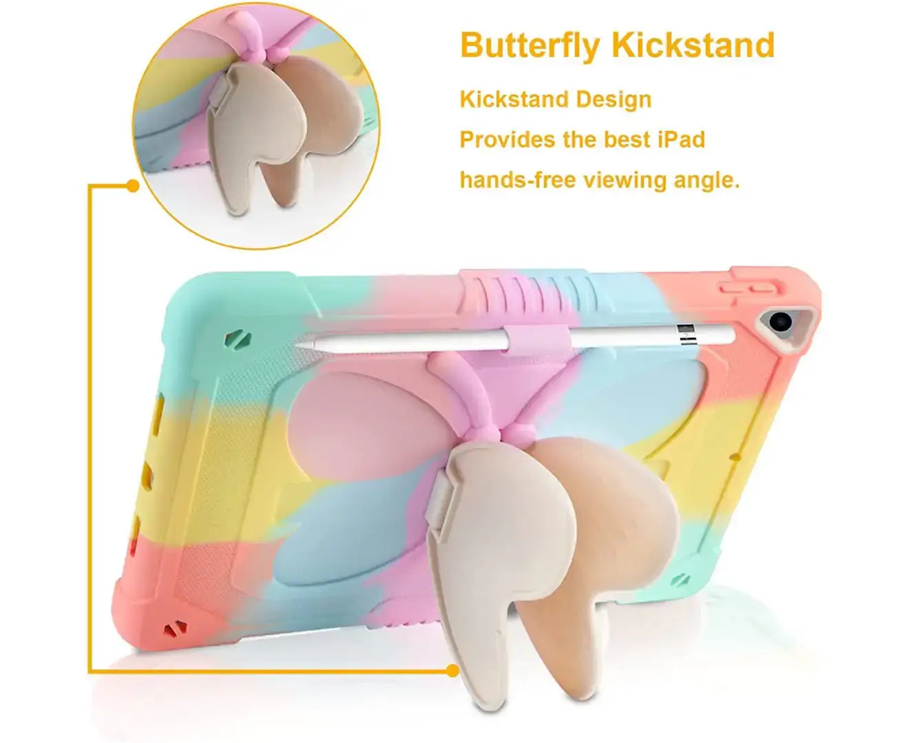 Apple iPad 10.2 inch 9th/8th/7th Gen/Air 3/Pro 10.5 inch Butterfly Shockproof Heavy Duty Kickstand Case Pencil Holder Cover (Rainbow)