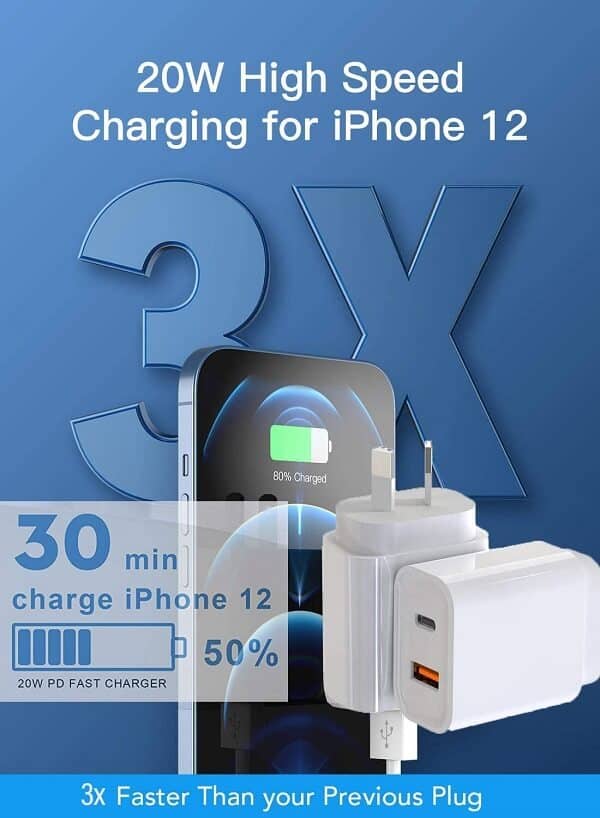 20W QC3.0 PD+USB SupRShield Fast Charging Charger Wall Plug Power Adapter + PD USB Type C to Lightning Data Sync Cable for Apple iPhone iPad iPod