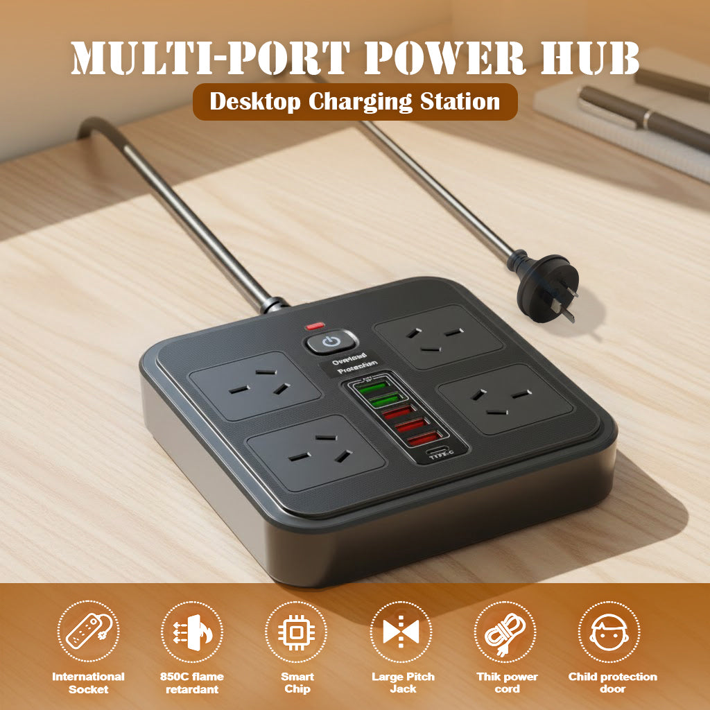 10-in-1 Power Strip with USB, 4 Outlets, 5 USB Ports, 1.8m Cord, Surge Protection, Wall Mountable, 2500W, Ideal for Home, Office & Gaming