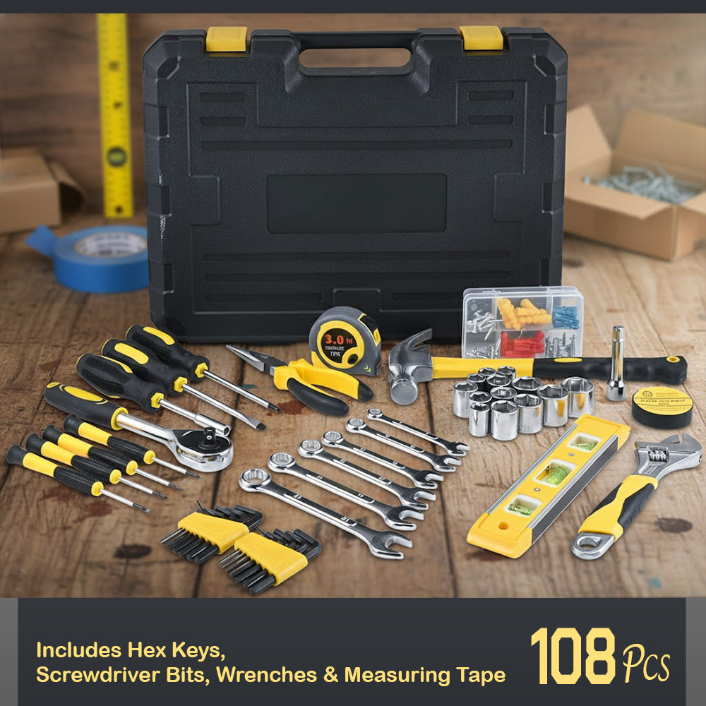 108 Piece Home Repair Tool Kit DIY Household Maintenance Set with Hammer Screwdrivers Pliers Socket Wrench Case