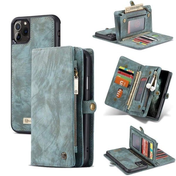 CaseMe For Apple iPhone 11 /11 Pro / 11 Pro Max Zipper & Detachable Retro Leather Pouch With Chain Wallet Flip Purse Bag Detachable Phone Case Cover