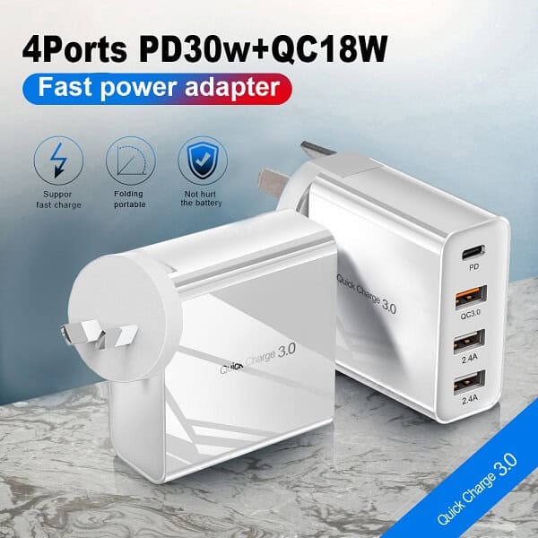 Qualcomm QC3.0 4 Ports 48W PD Fast Charging Charger Multi PD30W +QC18W Wall Plug Adapter (White)