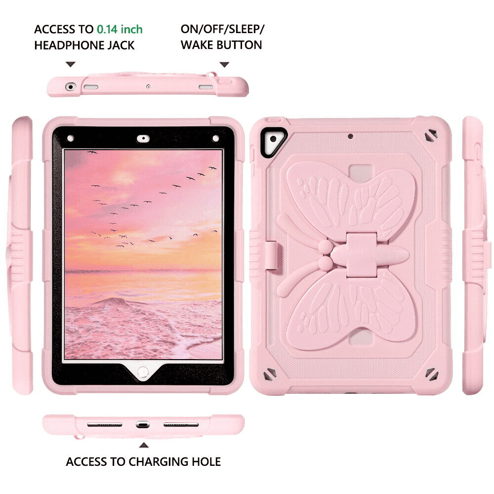 For Apple iPad 5th / 6th Gen / 9.7 2017 /2018 / Pro 9.7 / Air 1 / Air 2 Butterfly Fancy Shockproof Heavy Duty Kickstand Case Cover With Pencil Holder (Pink)
