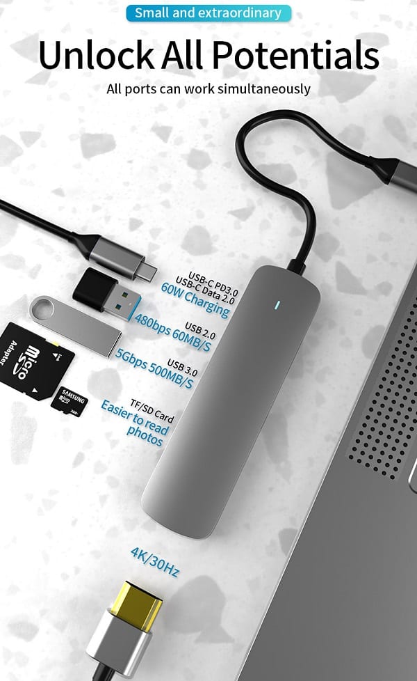 6in1, 6W USB Type C Hub With 4K HDMI, 2 USB Ports, SD/TF Card Reader USB C Adapter Dock for MacBook Air/Pro/Chromebook/Type C Laptops