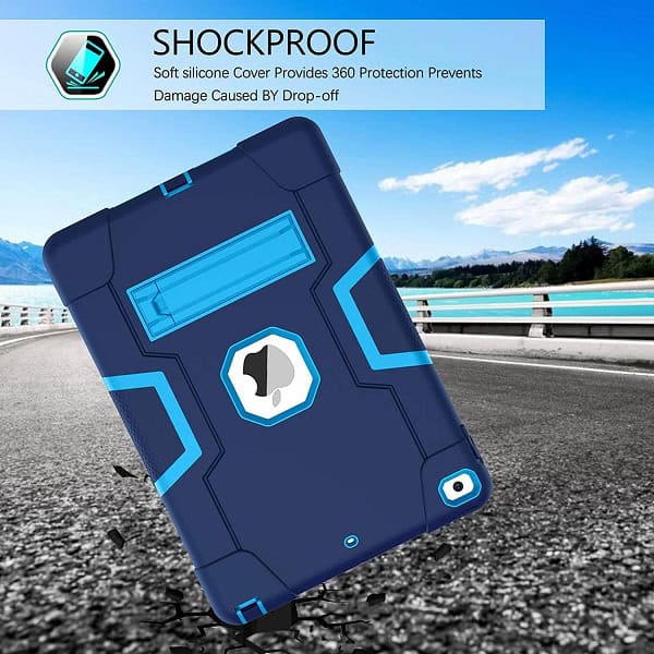 For Apple iPad 6th/5th Generation /Air 1/Air 2 9.7 inch Kids Friendly Hybrid Fancy Shockproof Heavy Duty Kickstand Case Cover (Navy Blue)