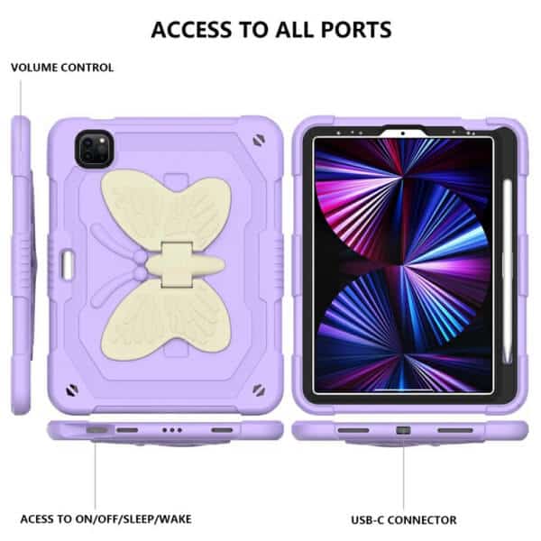 Apple iPad Air 10.9 Inch 5th/4th Gen 2022/2020 /Pro 11 inch 2022/2021/2020/2018 Kids Butterfly Shockproof Heavy Duty Kickstand Case Cover (Purple)