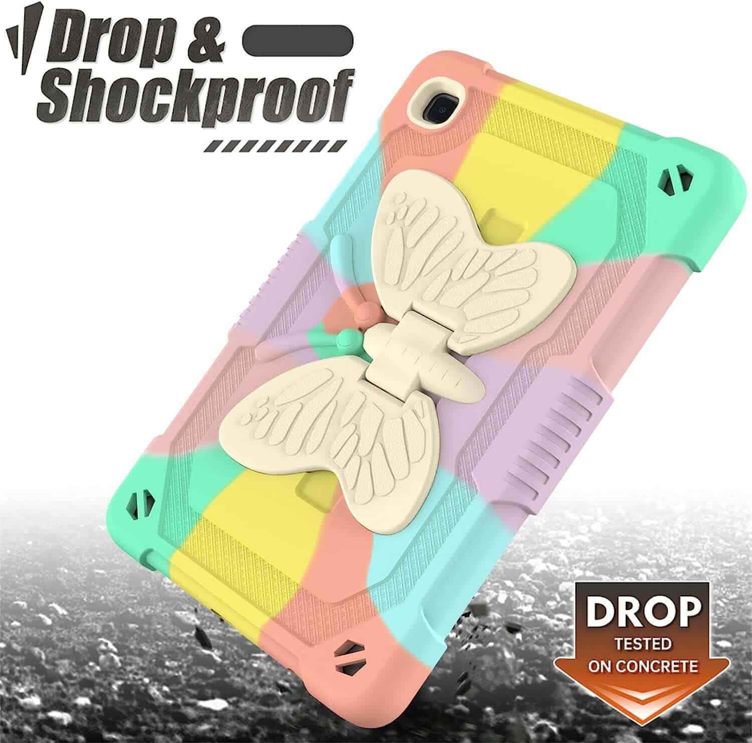 For Samsung Galaxy Tab A7 Lite 2021 8.7 Inch Tablet SM-T225 / T220 Butterfly Fancy Shockproof Heavy Duty Kickstand Case Cover  (Rainbow)