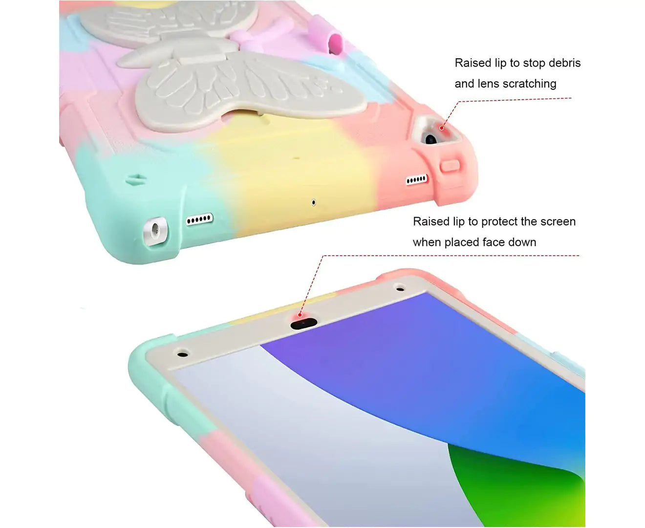 Apple iPad 10.2 inch 9th/8th/7th Gen/Air 3/Pro 10.5 inch Butterfly Shockproof Heavy Duty Kickstand Case Pencil Holder Cover (Rainbow)