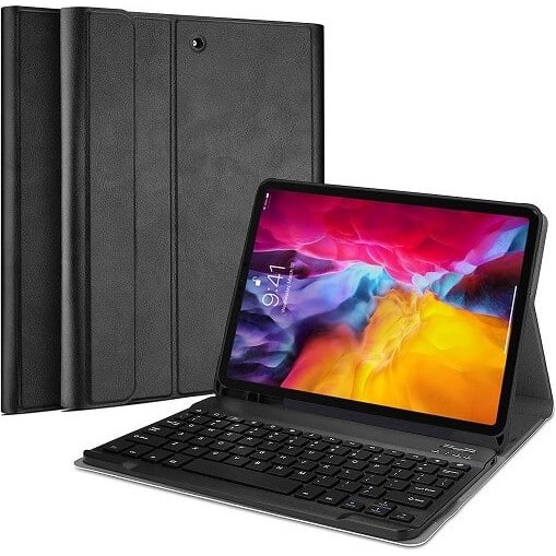 Apple iPad Pro 11 2018 Wireless Bluetooth Keyboard Case, Folio Leather Smart Cover (Black)