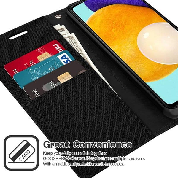 Goospery Canvas Samsung Galaxy A52 / A52S 5G Wallet Leather Case Denim Stand Flip Fabric Pouch Credit Card Slots Cover - Black