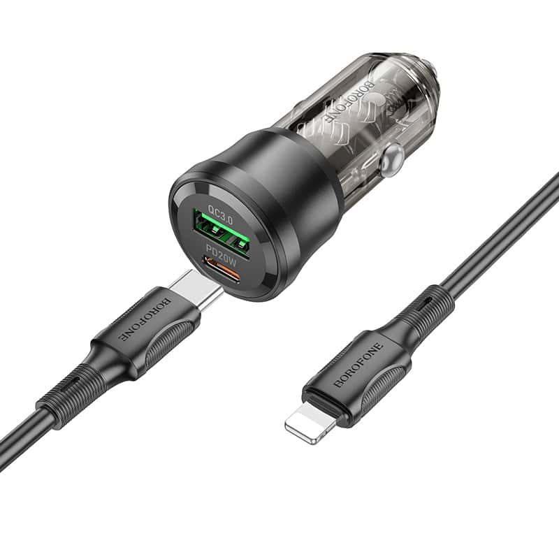 BOROFONE BZ25 Journey PD38W (1C1A) Fast Charging Quick Car Charger With PD USB Type C to Lightning Cable (Transparent Black)