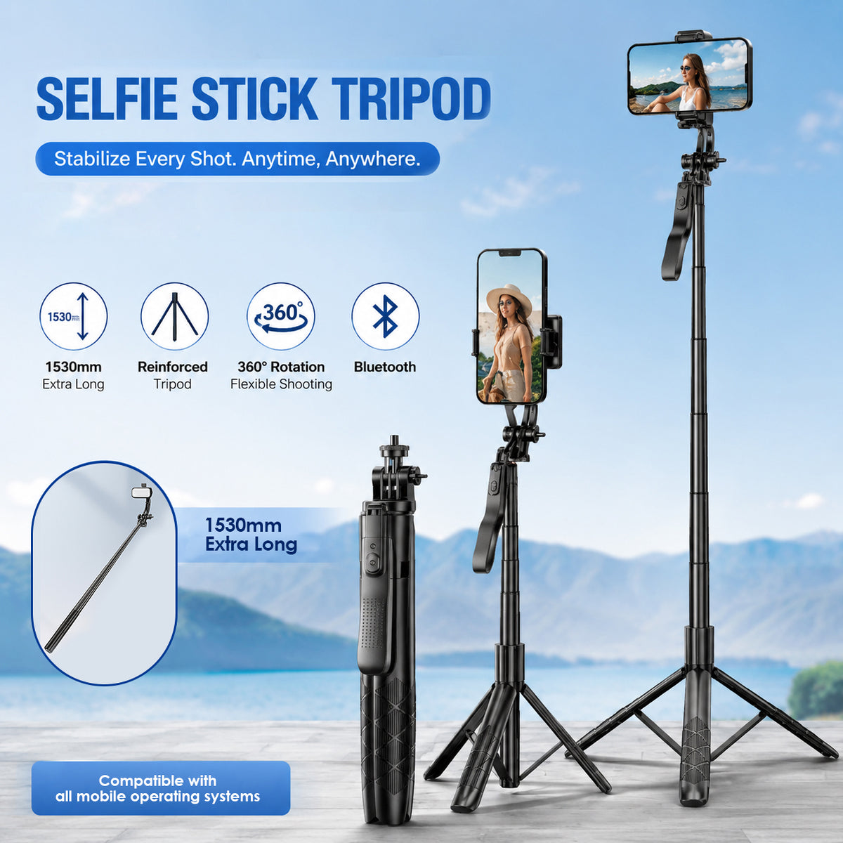 60 inch /1530mm L16 Wireless Selfie Stick Tripod Stand Balance Stabilizer Live Foldable Monopod for GoPro AXNEN DJI Osmo Action Cameras for Smartphones