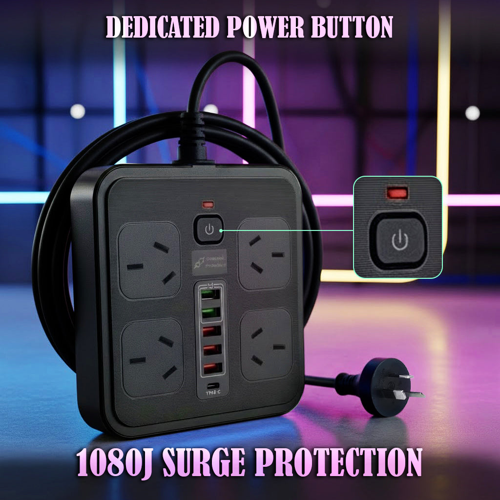 10-in-1 Power Strip with USB, 4 Outlets, 5 USB Ports, 1.8m Cord, Surge Protection, Wall Mountable, 2500W, Ideal for Home, Office & Gaming