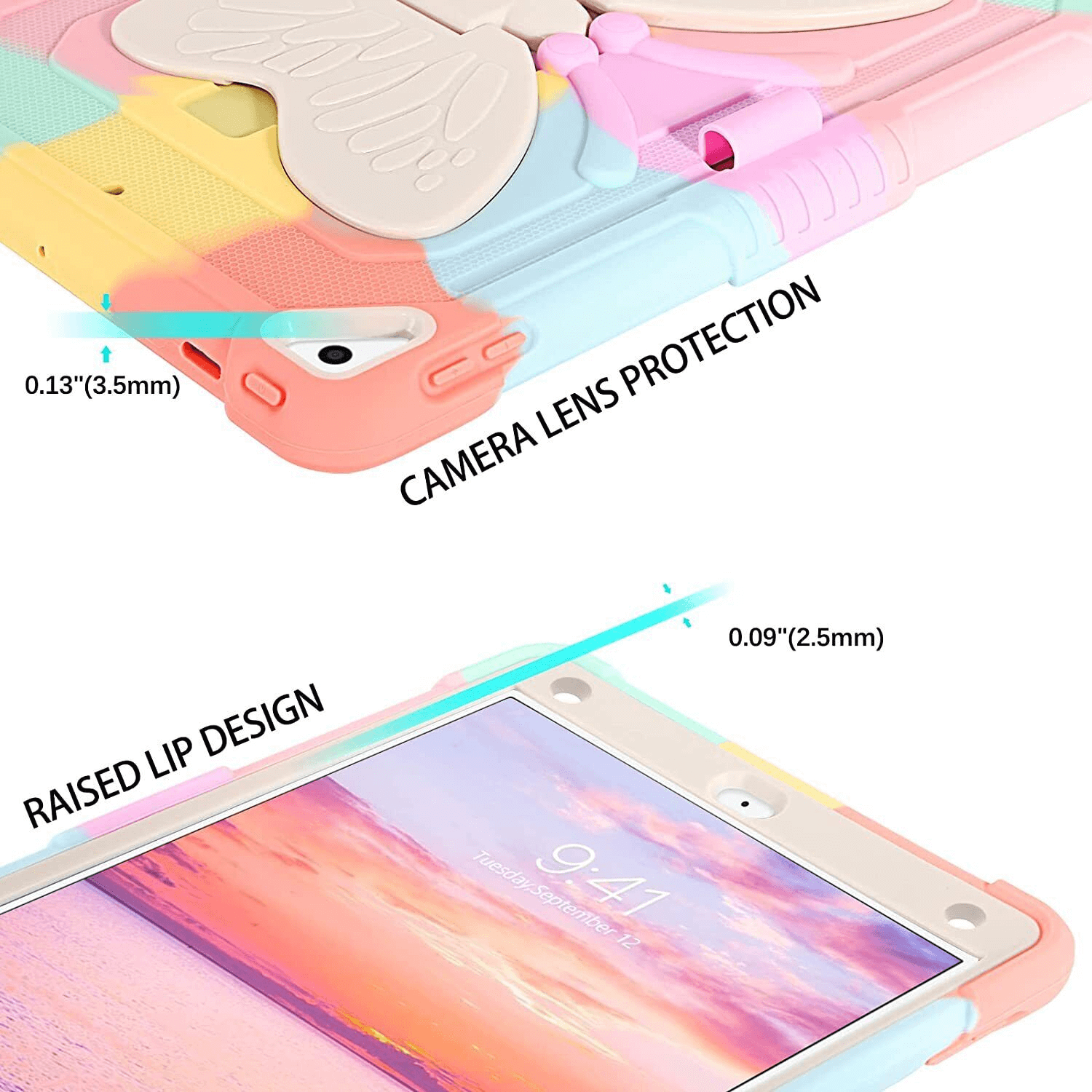 For Apple iPad 5th / 6th Gen / 9.7 2017 /2018 / Pro 9.7 / Air 1 / Air 2 Butterfly Fancy Shockproof Heavy Duty Kickstand Case Cover With Pencil Holder (Rainbow)