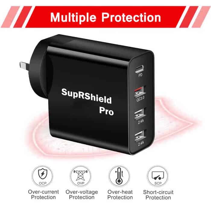 SupRShield 50W SAA Certified PD USB Type C Fast Charging Charger Multi 4 Ports USB-C QC3.0 Power Wall Plug Travel Power Adapter