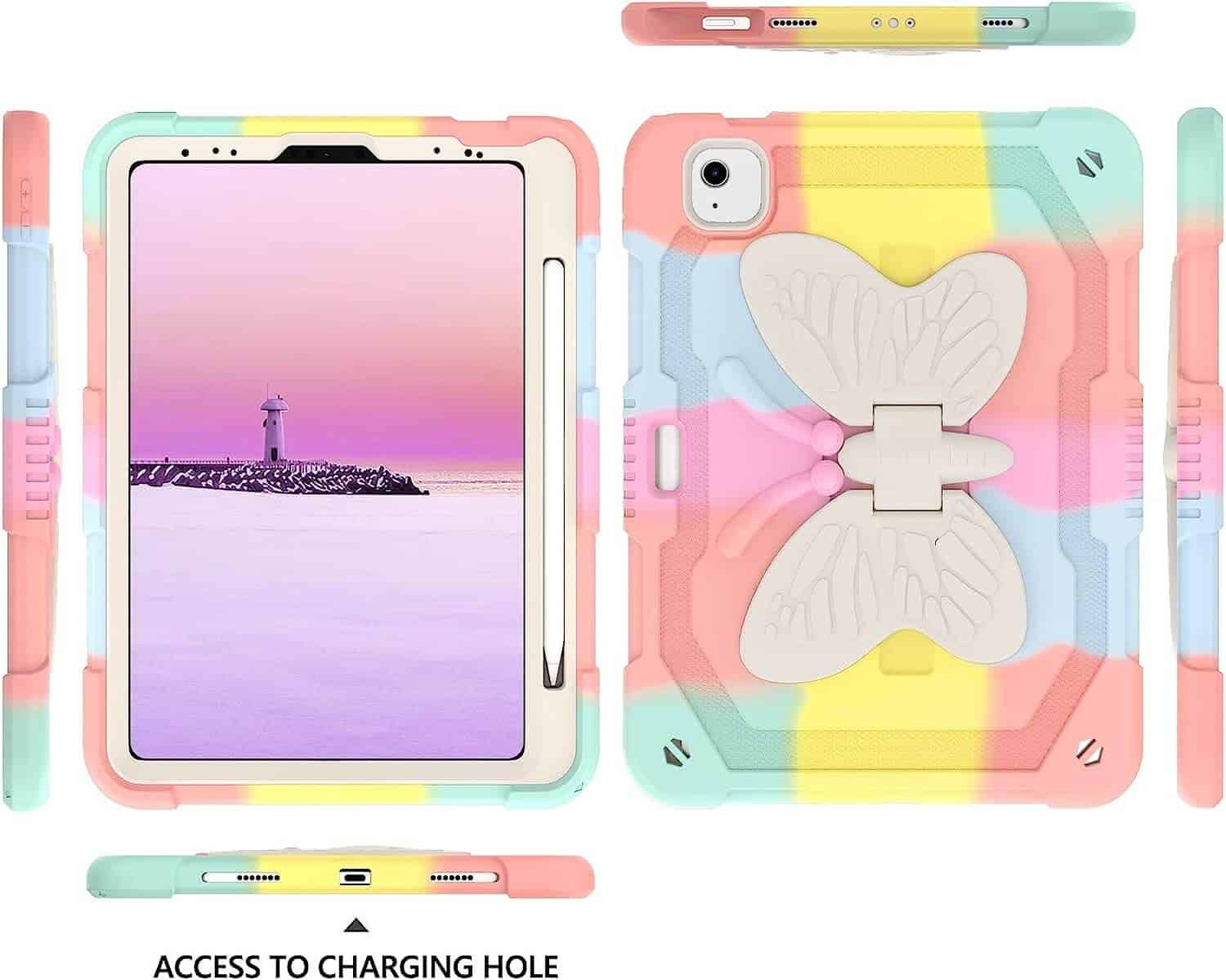 Apple iPad Air 10.9 Inch 5th/4th Gen 2022/2020 /Pro 11 inch 2022/2021/2020/2018 Kids Butterfly Shockproof Heavy Duty Kickstand Case Cover (Rainbow)