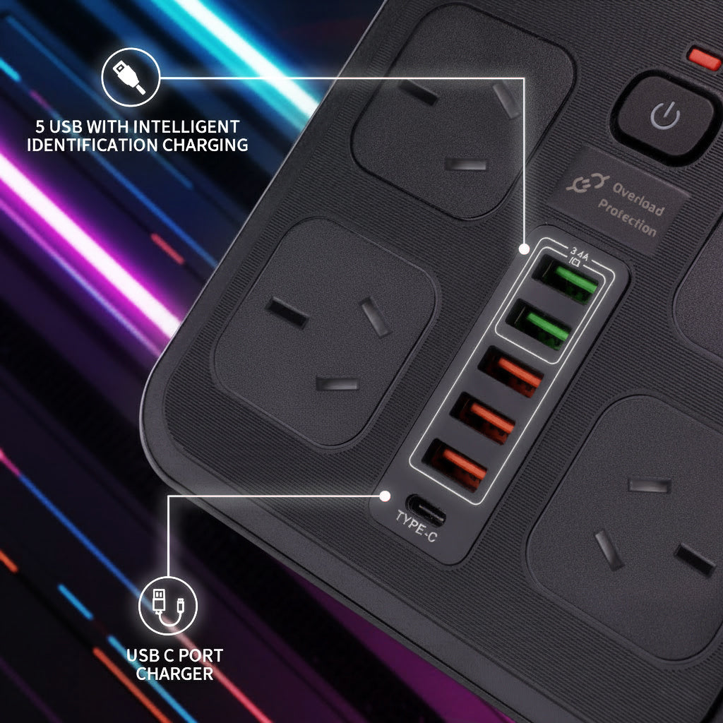 10-in-1 Power Strip with USB, 4 Outlets, 5 USB Ports, 1.8m Cord, Surge Protection, Wall Mountable, 2500W, Ideal for Home, Office & Gaming