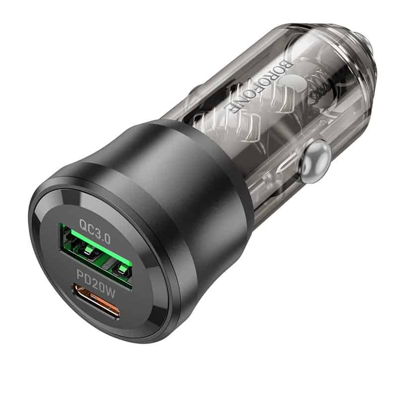 Borofone BZ25 38W PD20W PD USB Type C + QC3.0 USB A Fast Charging Quick Charger Car Charger Socket Adapter ( Transparent Black)