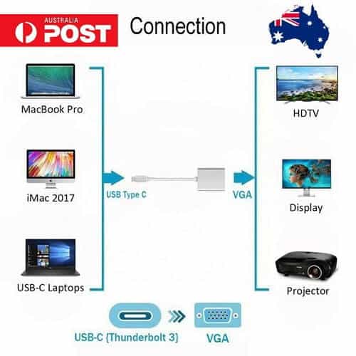1080P USB 3.1 Type C Thunderbolt 3 Male to VGA Female Adapter Converter Cable For HDTV MacBook Pro, MacBook Air , Dell , Surface Book (Gold)