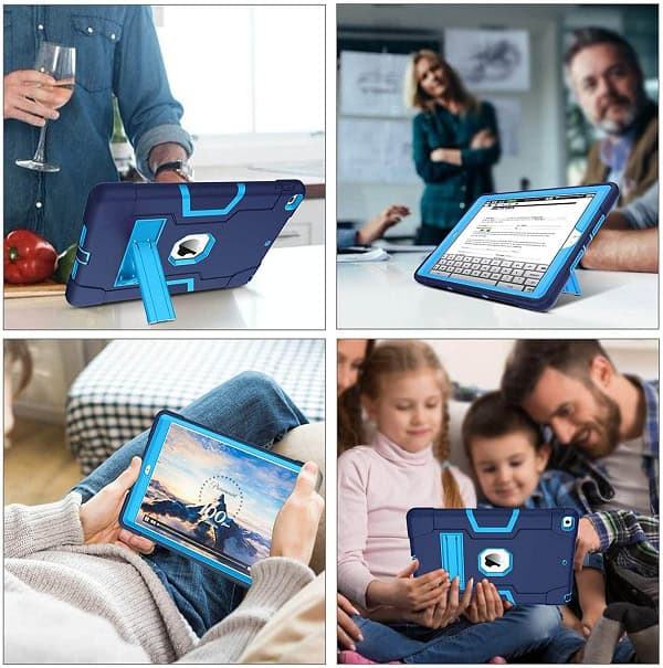 For Apple iPad 6th/5th Generation /Air 1/Air 2 9.7 inch Kids Friendly Hybrid Fancy Shockproof Heavy Duty Kickstand Case Cover (Navy Blue)