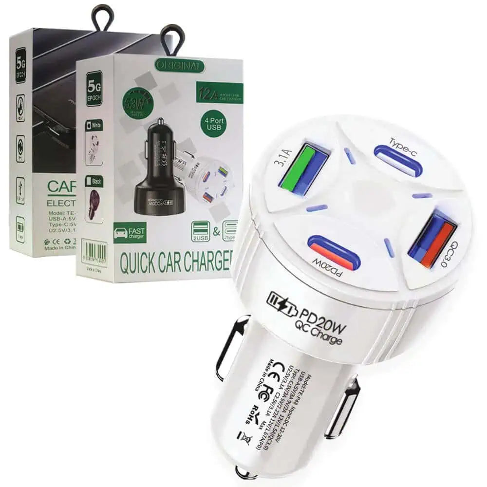 53W 12A 20W 2 PD USB Type C + 2 USB QC3.0 Multi 4 Ports Fast Charging Car Charger Socket Adapter