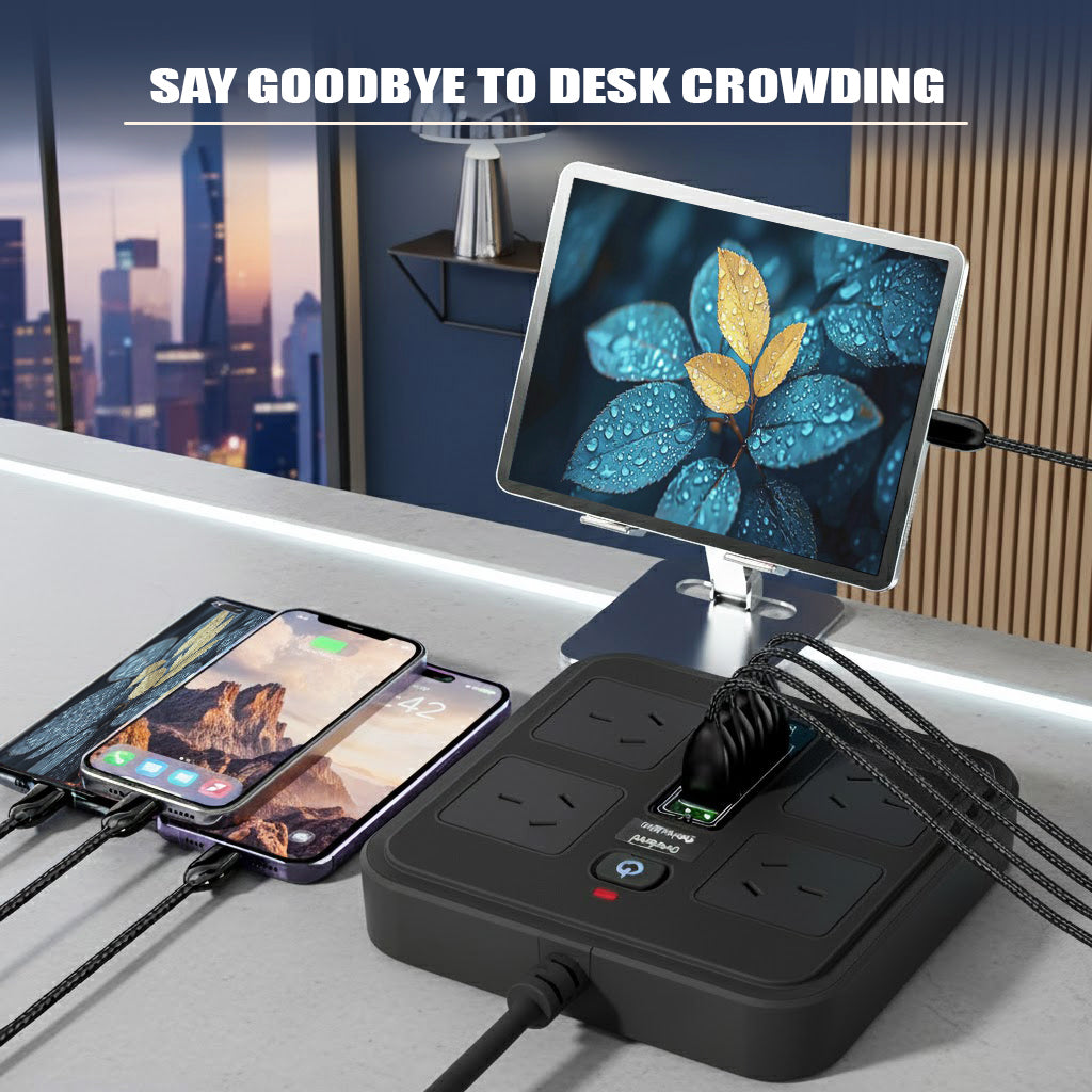 10-in-1 Power Strip with USB, 4 Outlets, 5 USB Ports, 1.8m Cord, Surge Protection, Wall Mountable, 2500W, Ideal for Home, Office & Gaming