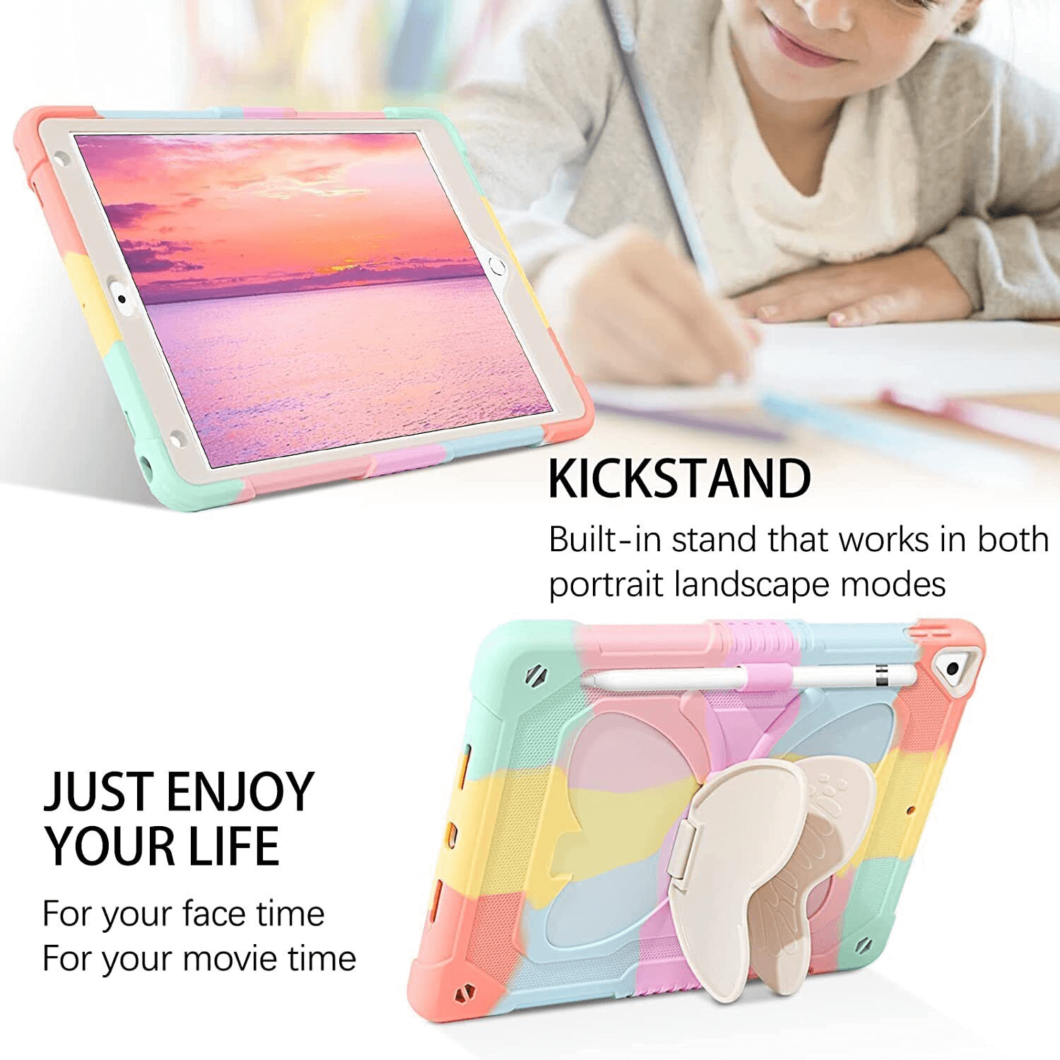 For Apple iPad 5th / 6th Gen / 9.7 2017 /2018 / Pro 9.7 / Air 1 / Air 2 Butterfly Fancy Shockproof Heavy Duty Kickstand Case Cover With Pencil Holder (Rainbow)