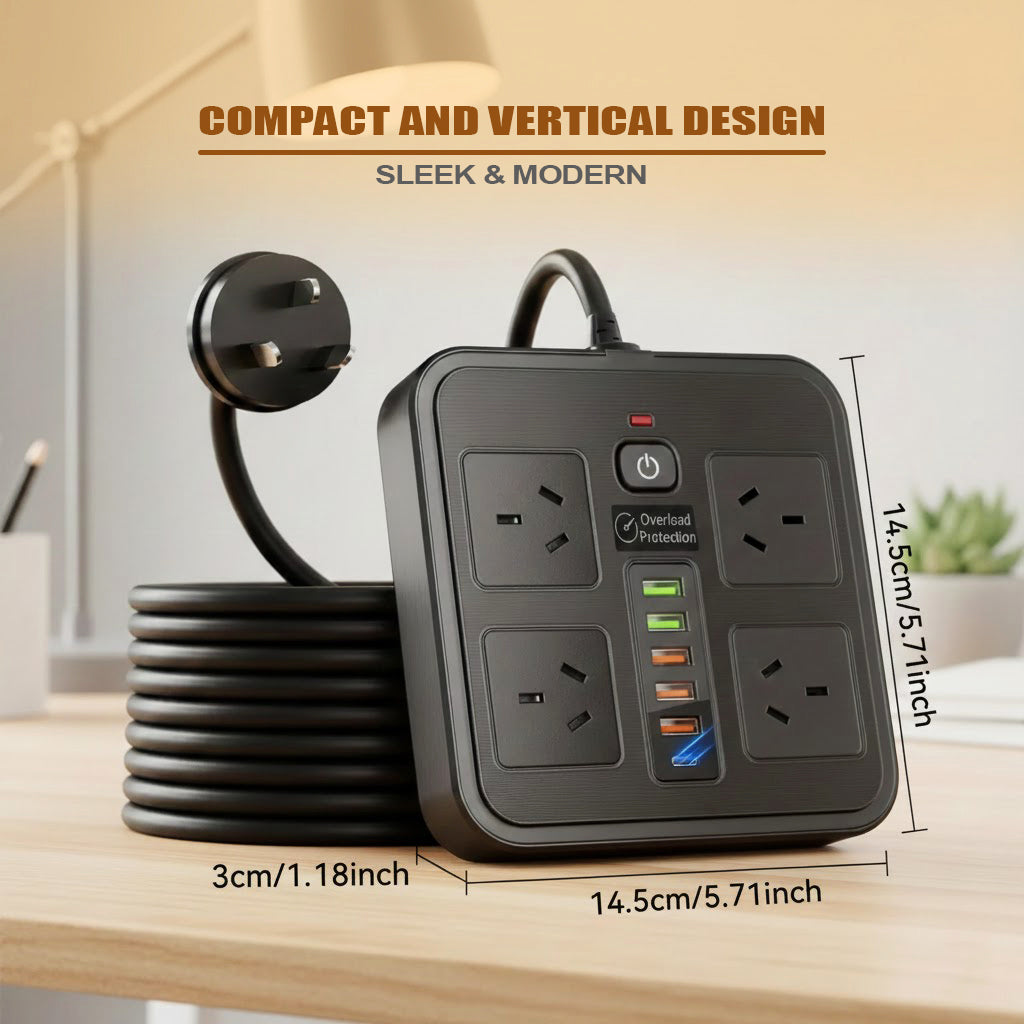 10-in-1 Power Strip with USB, 4 Outlets, 5 USB Ports, 1.8m Cord, Surge Protection, Wall Mountable, 2500W, Ideal for Home, Office & Gaming