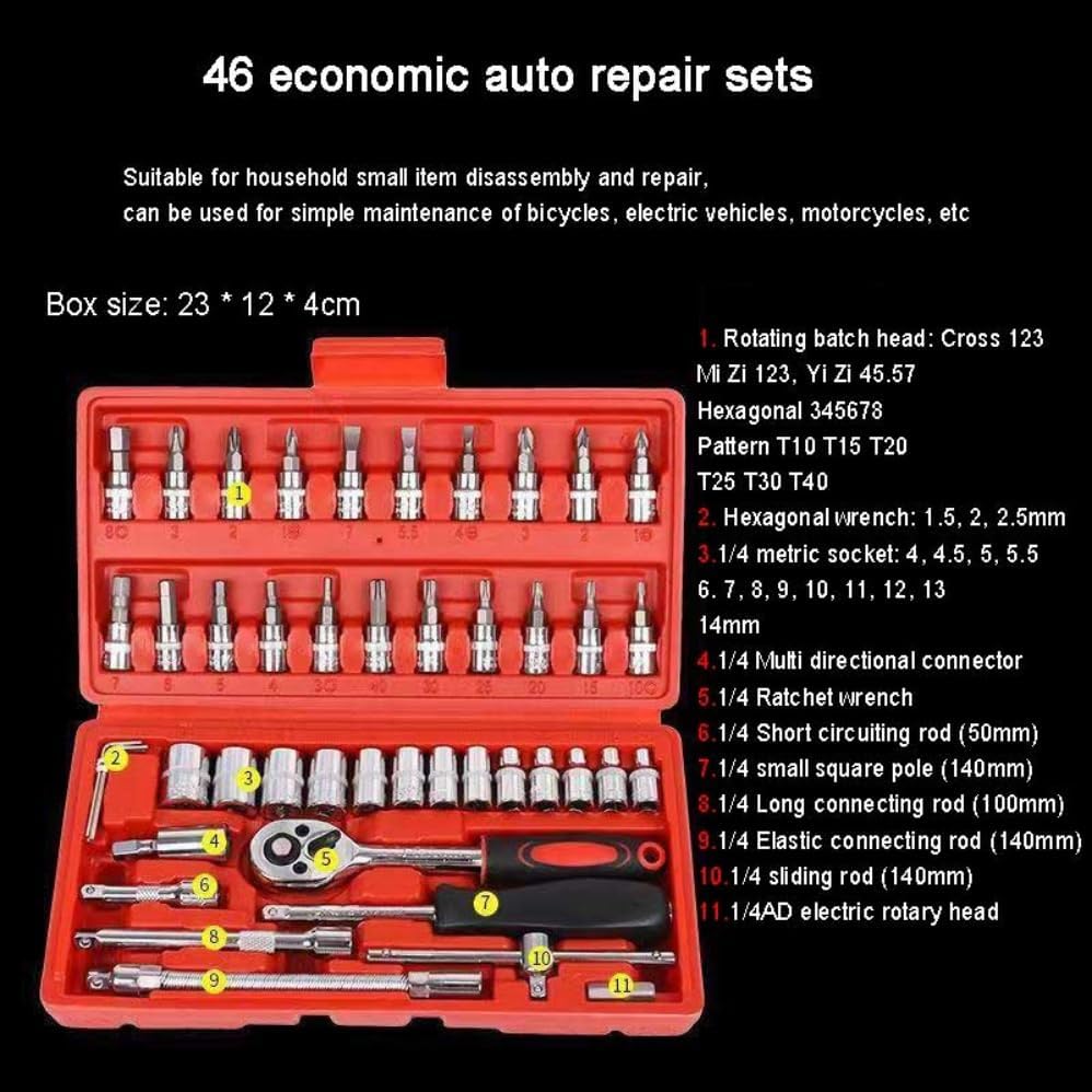 46 PiecesHand Tool Kit with Ratchet Handle, Metric Sockets, Hex Keys, Bit Adaptor & Extensions, Compact Household & Automotive Repair Set in Durable Storage Case